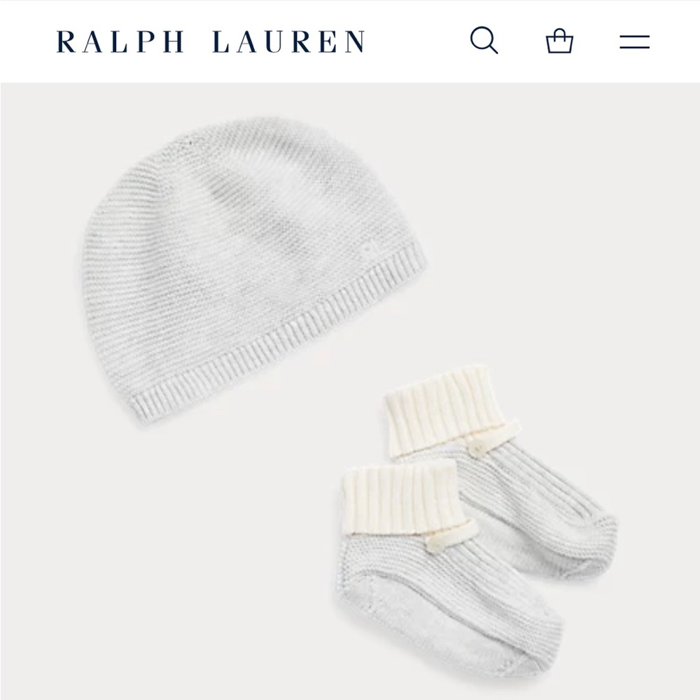 Ralph Lauren Baby Boy Cotton Hat and Booties Set 0-3 months Grey